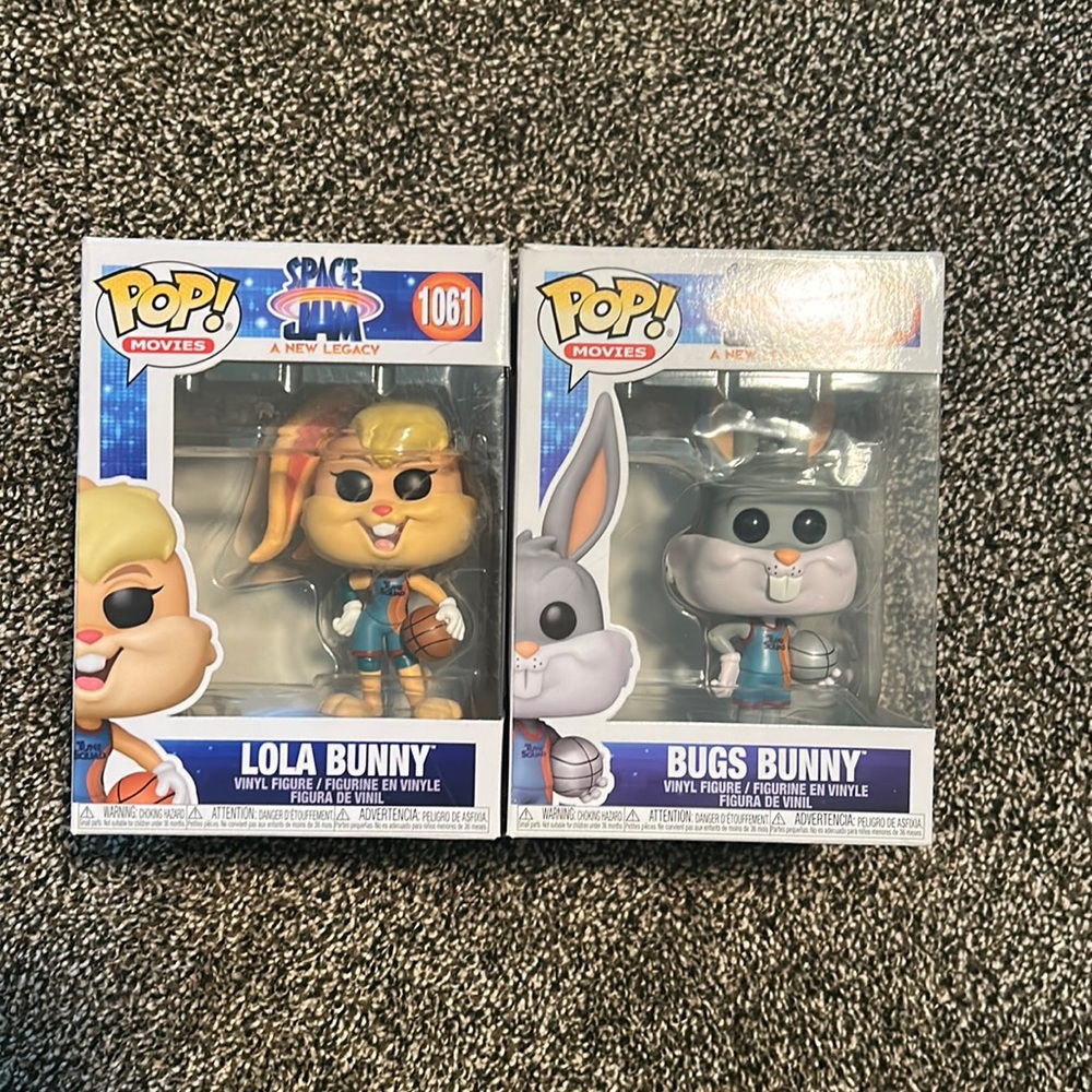 Matching Bugs Bunny and Lola Bunny Space Jam Funko Pops, New in box.